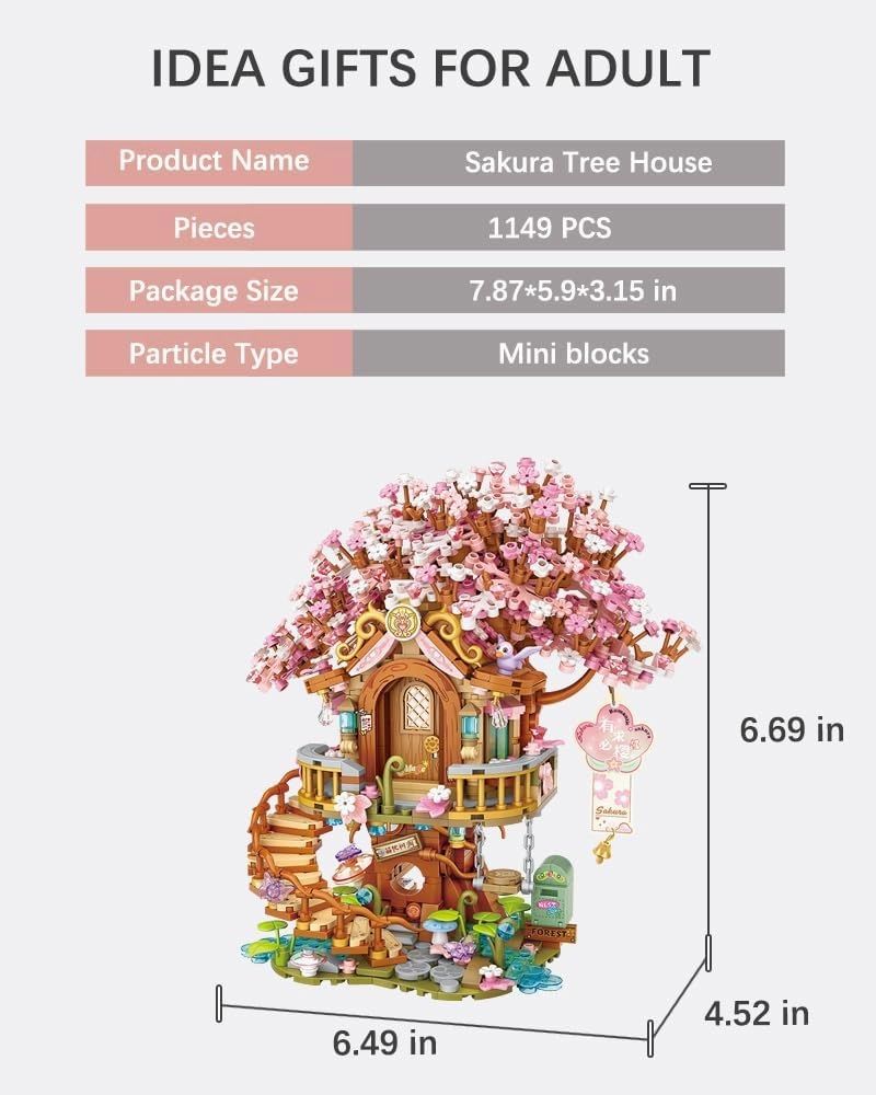Mini Bricks Japanese Sakura Tree House Building Set, Cherry Blossom Tree Creative Architecture, Home Decor or Idea Gifts for Adults and Kids, Mini Particles 1149 PCS -1381