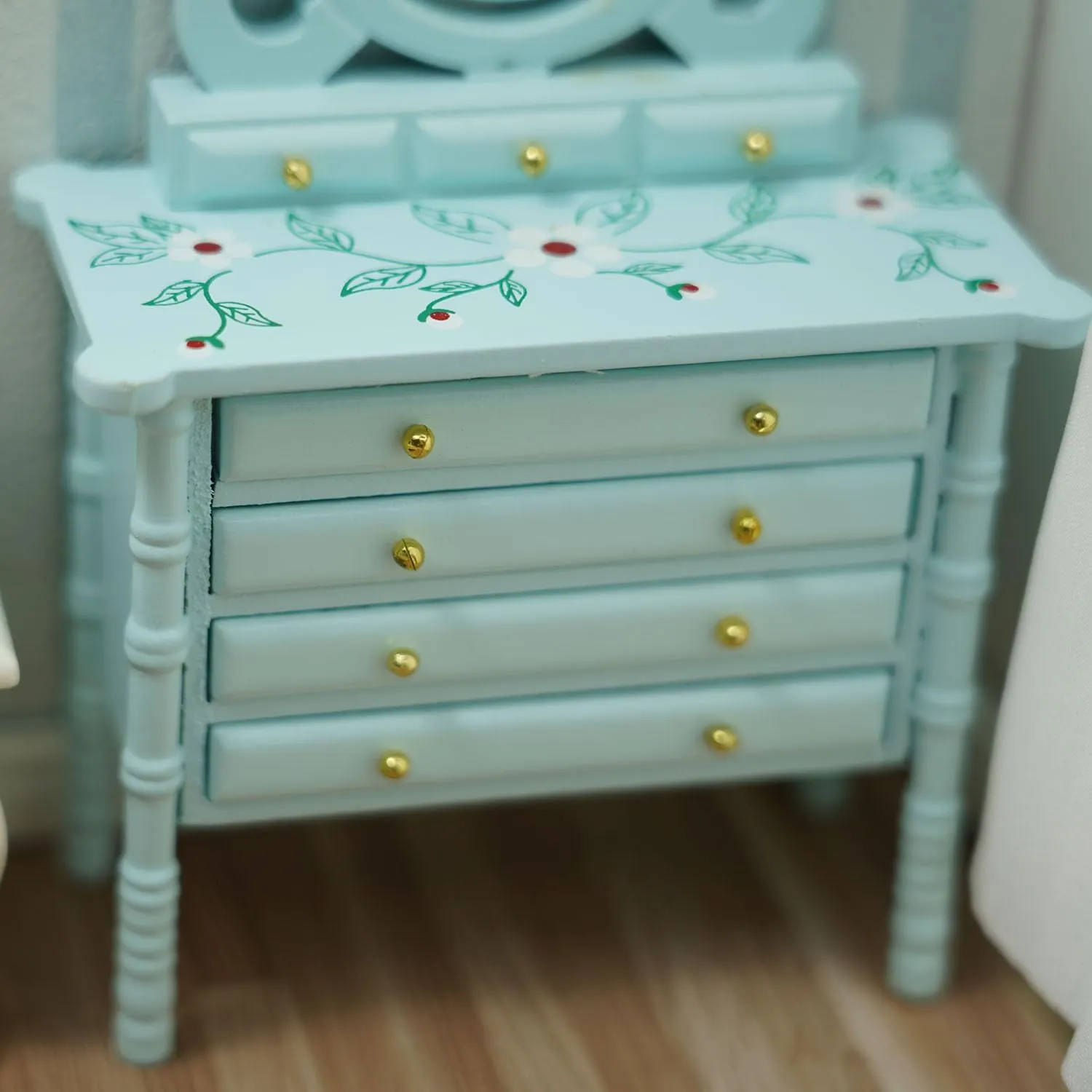 Miniature Dollhouse Vanity Table 1 12 Furniture Makeup Dressing Table with Mirror and 4 Drawers Mini House Accessories Bedroom Living Room Scene Decoration (Blue)