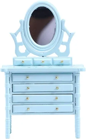 Miniature Dollhouse Vanity Table 1 12 Furniture Makeup Dressing Table with Mirror and 4 Drawers Mini House Accessories Bedroom Living Room Scene Decoration (Blue)