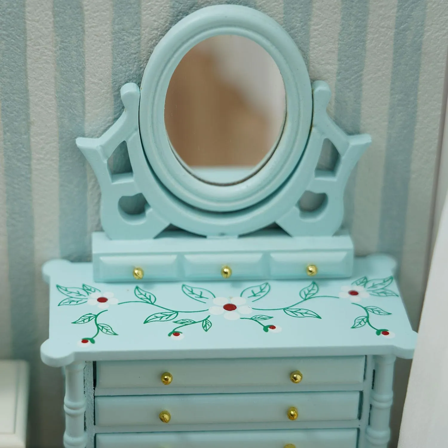 Miniature Dollhouse Vanity Table 1 12 Furniture Makeup Dressing Table with Mirror and 4 Drawers Mini House Accessories Bedroom Living Room Scene Decoration (Blue)