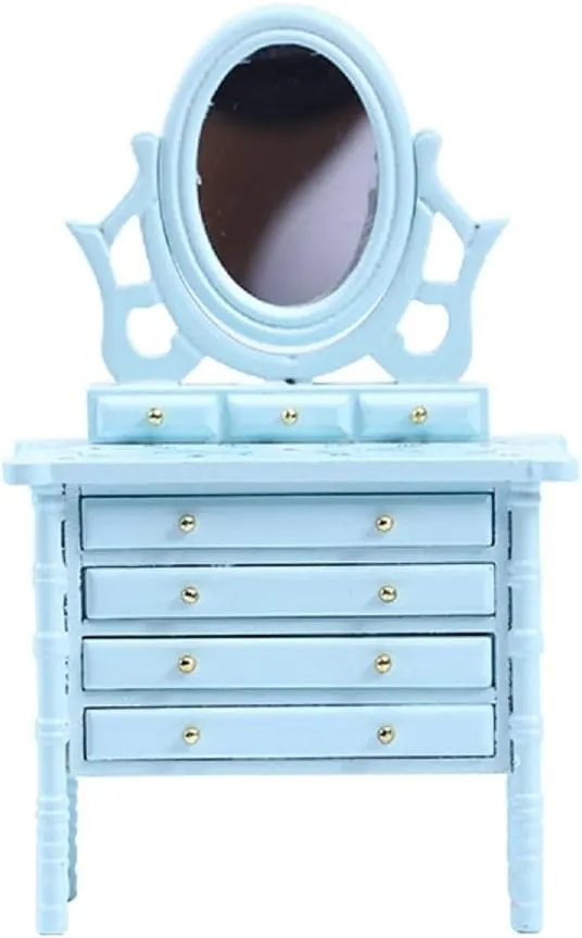 Miniature Dollhouse Vanity Table 1 12 Furniture Makeup Dressing Table with Mirror and 4 Drawers Mini House Accessories Bedroom Living Room Scene Decoration (Blue)