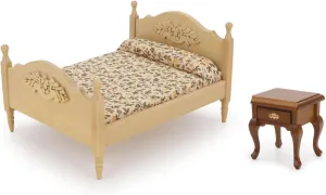 Miniature Furniture Dollhouse Wooden Fabric Bed & Miniature End Table Dollhouse Furniture 1:12 Accessories Wooden Bedroom Nightstand Vintage Living Room Scene Bedroom
