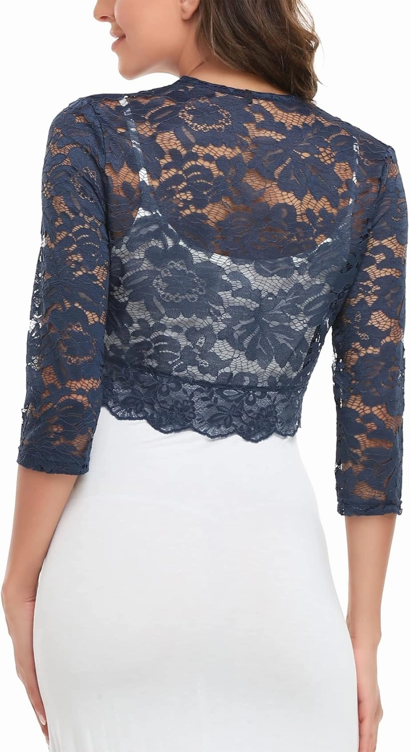 MISS MOLY Women's 3/4 Sleeve Sheer Floral Lace Bolero Shrug Top Cardigan