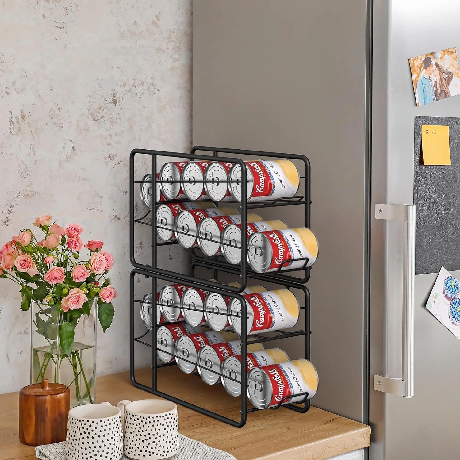 MOOACE 4 Pack Stackable Can Dispenser Rack, Kitchen Pantry Countertop Food Cans Beverages Storage Holder Organizer, Black