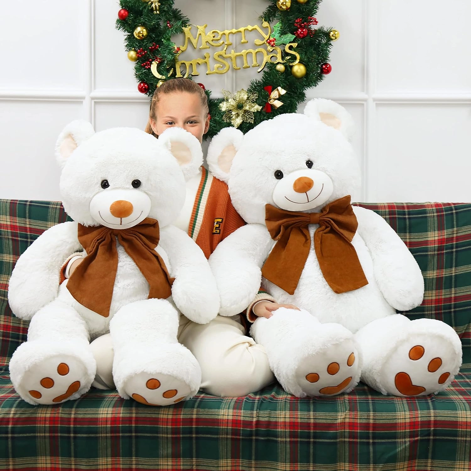 MorisMos 4 Feet Giant Teddy Bear Stuffed Animal, 47" Large White Teddy Bear Plush with Footprints and Big Bow, Valentines Christmas for Girlfriend, Wife, Girls, Baby Shower Decor