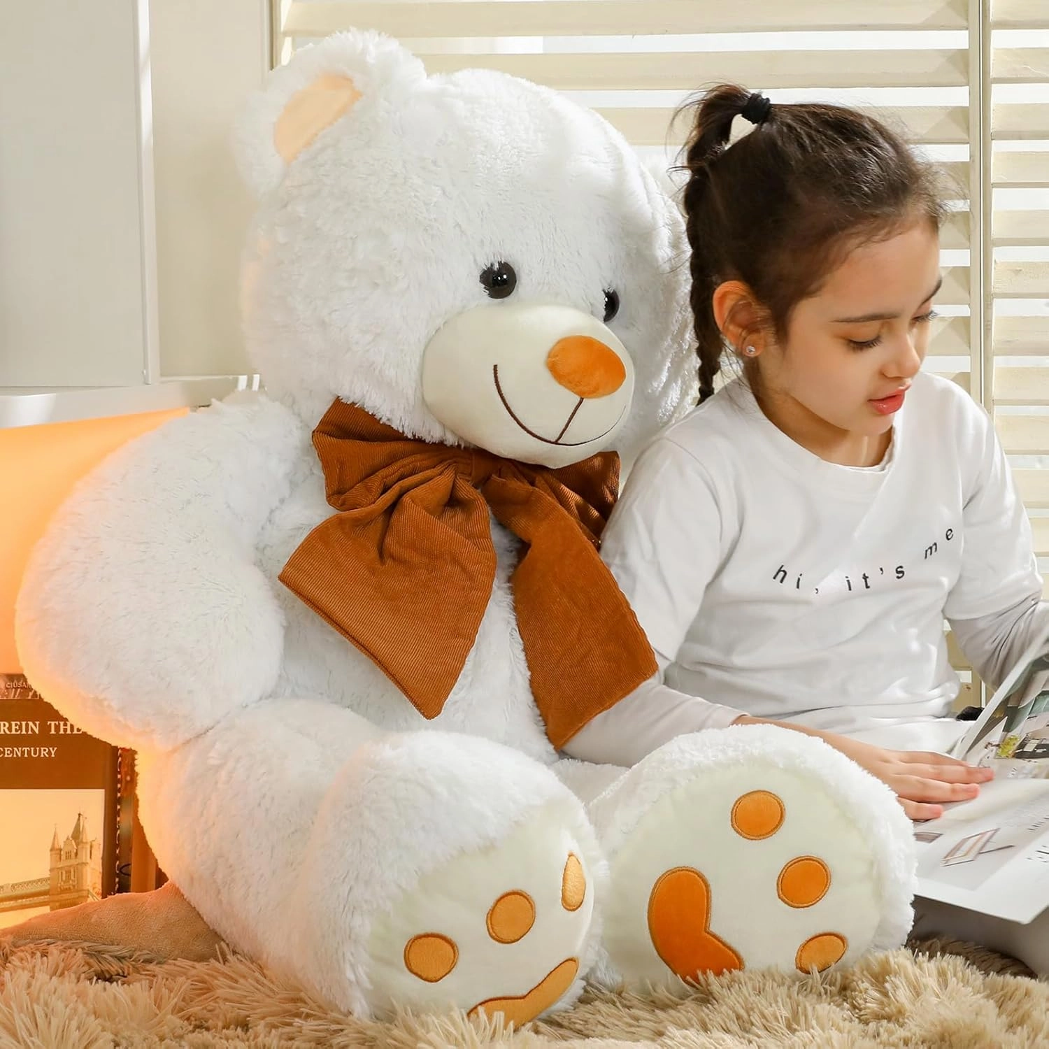 MorisMos 4 Feet Giant Teddy Bear Stuffed Animal, 47" Large White Teddy Bear Plush with Footprints and Big Bow, Valentines Christmas for Girlfriend, Wife, Girls, Baby Shower Decor