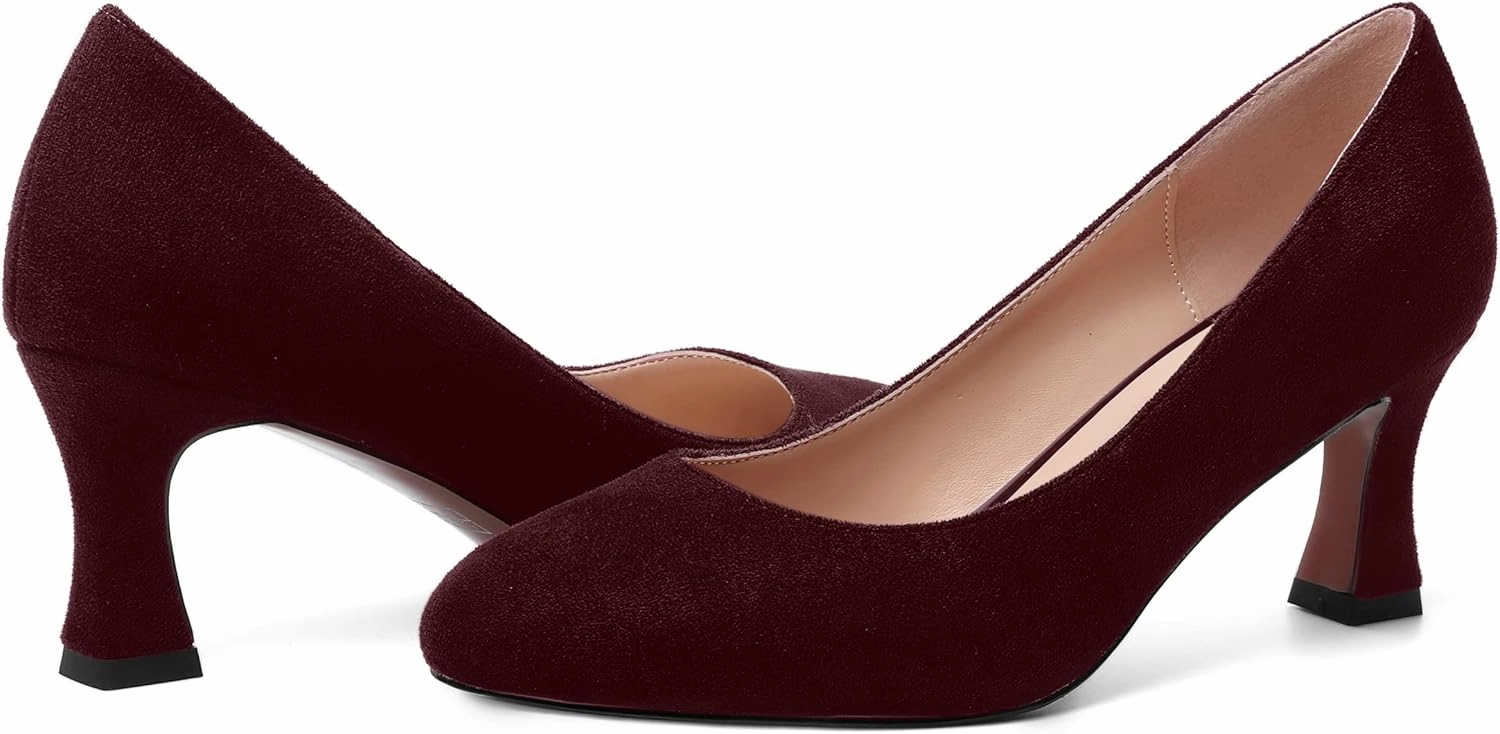 MOVINSTEPS Womens Cute Slip On Solid Round Toe Suede Dating Spool Mid Heel Pumps Shoes 2.5 Inch
