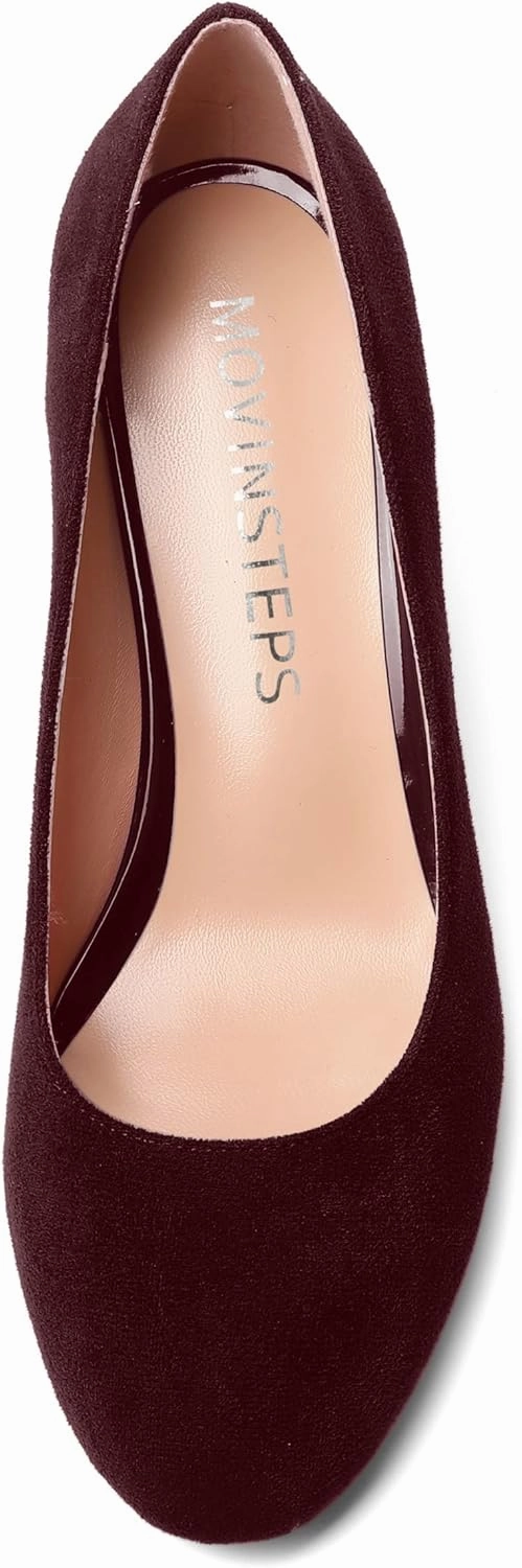 MOVINSTEPS Womens Cute Slip On Solid Round Toe Suede Dating Spool Mid Heel Pumps Shoes 2.5 Inch