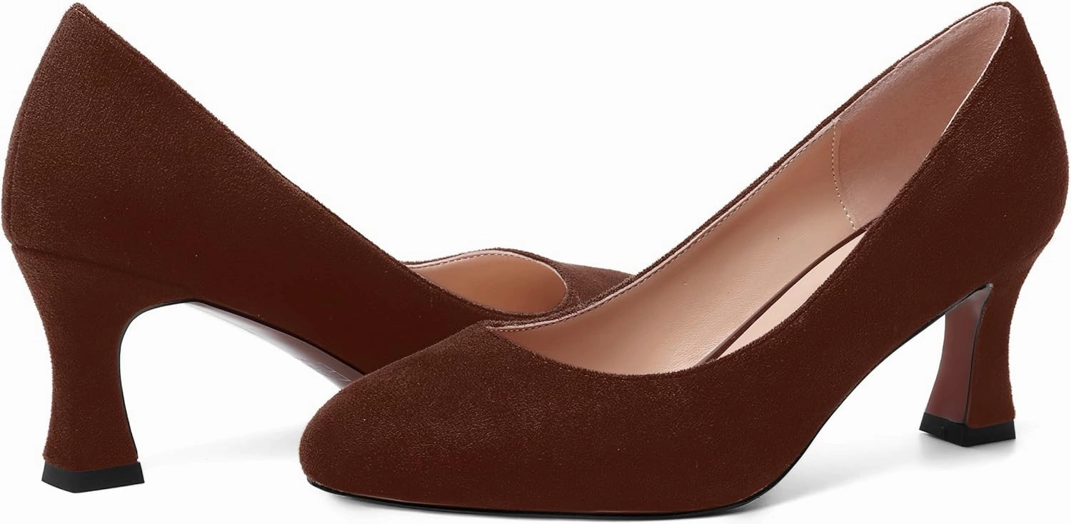 MOVINSTEPS Womens Cute Slip On Solid Round Toe Suede Dating Spool Mid Heel Pumps Shoes 2.5 Inch
