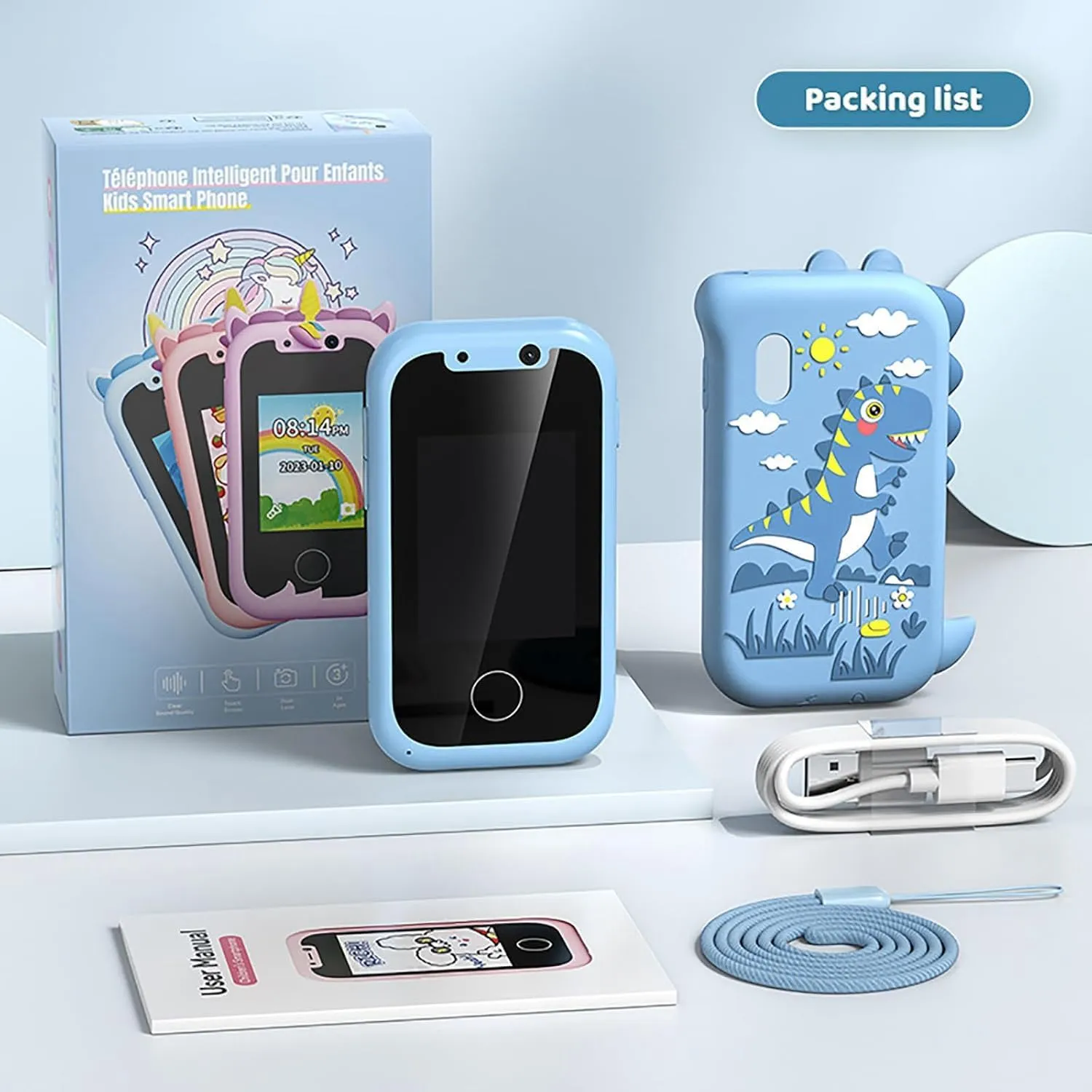 MyFirstPhone, Life Sparking Kids Phone, Touchscreen Life Sparking Toddler Phone,Kids Educational Smart Phone Toy with Camera, Drawing Pad, World Map, Bedtime Stories & Music (Dinosaur-Blue)