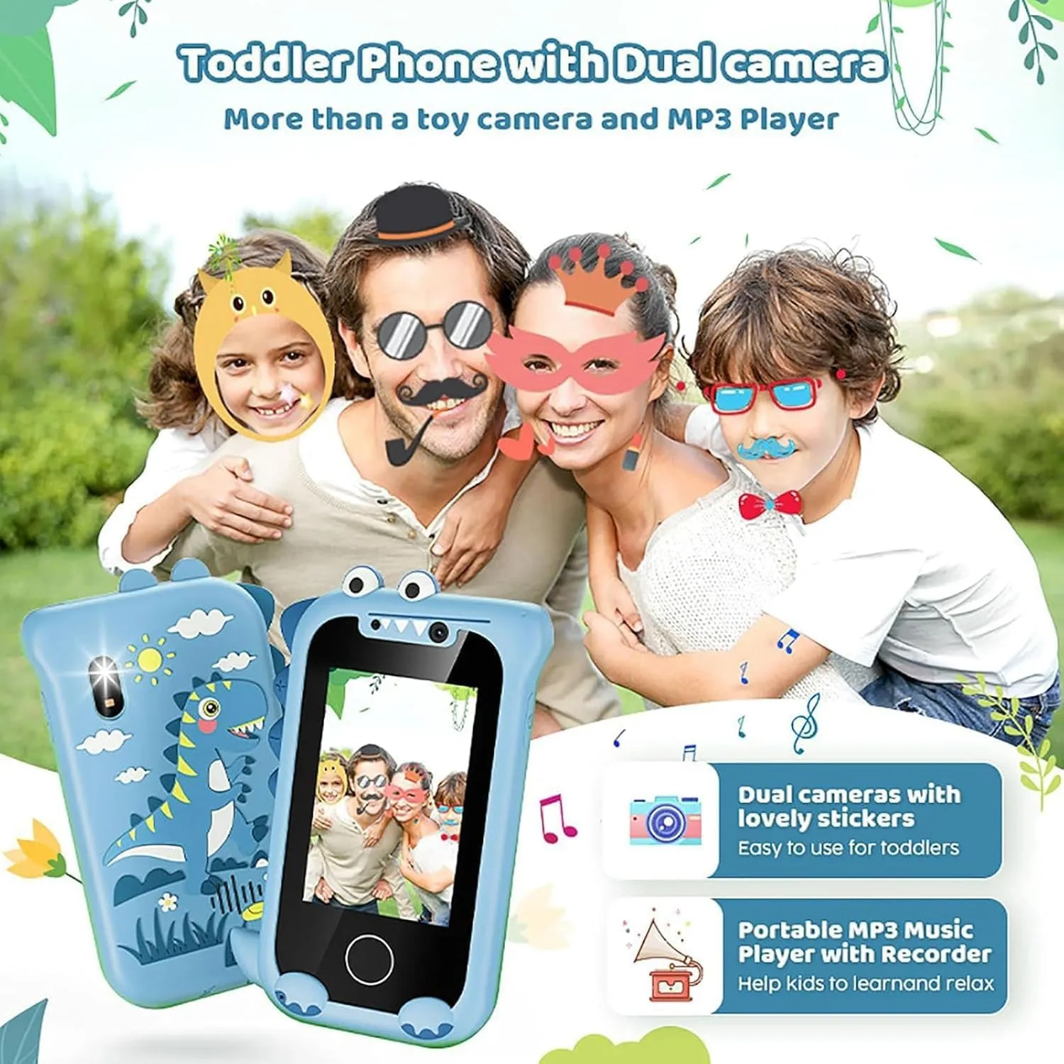 MyFirstPhone, Life Sparking Kids Phone, Touchscreen Life Sparking Toddler Phone,Kids Educational Smart Phone Toy with Camera, Drawing Pad, World Map, Bedtime Stories & Music (Dinosaur-Blue)