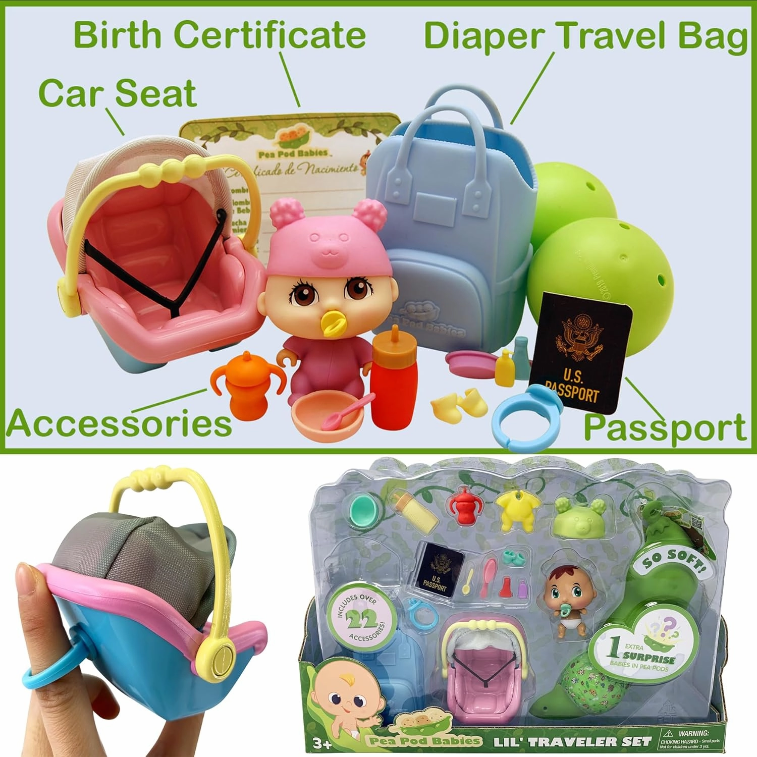 Nature Bound Pea Pod Babies Twenty Two Piece Little Traveler Playset - Collectible Mystery Surprise Toy with Mini Baby, Clothing, & Accessories - All in A Soft Pea Pod - Small Doll, Ages 3 