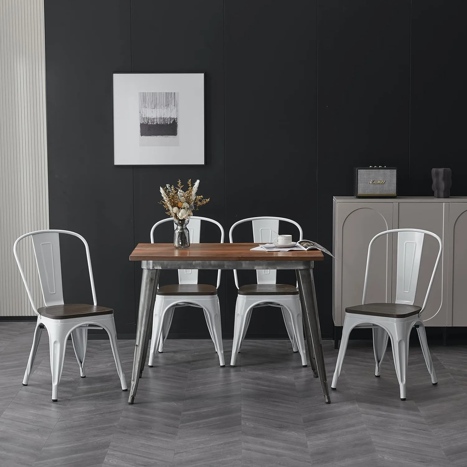 Nazhura Metal Dining Chair Farmhouse Tolix Style for Kitchen Dining Room Café Restaurant Bistro Patio, 18 Inch, Stackable, Waterproof Indoor/Outdoor (Sets of 4) (White with Wood Padding)