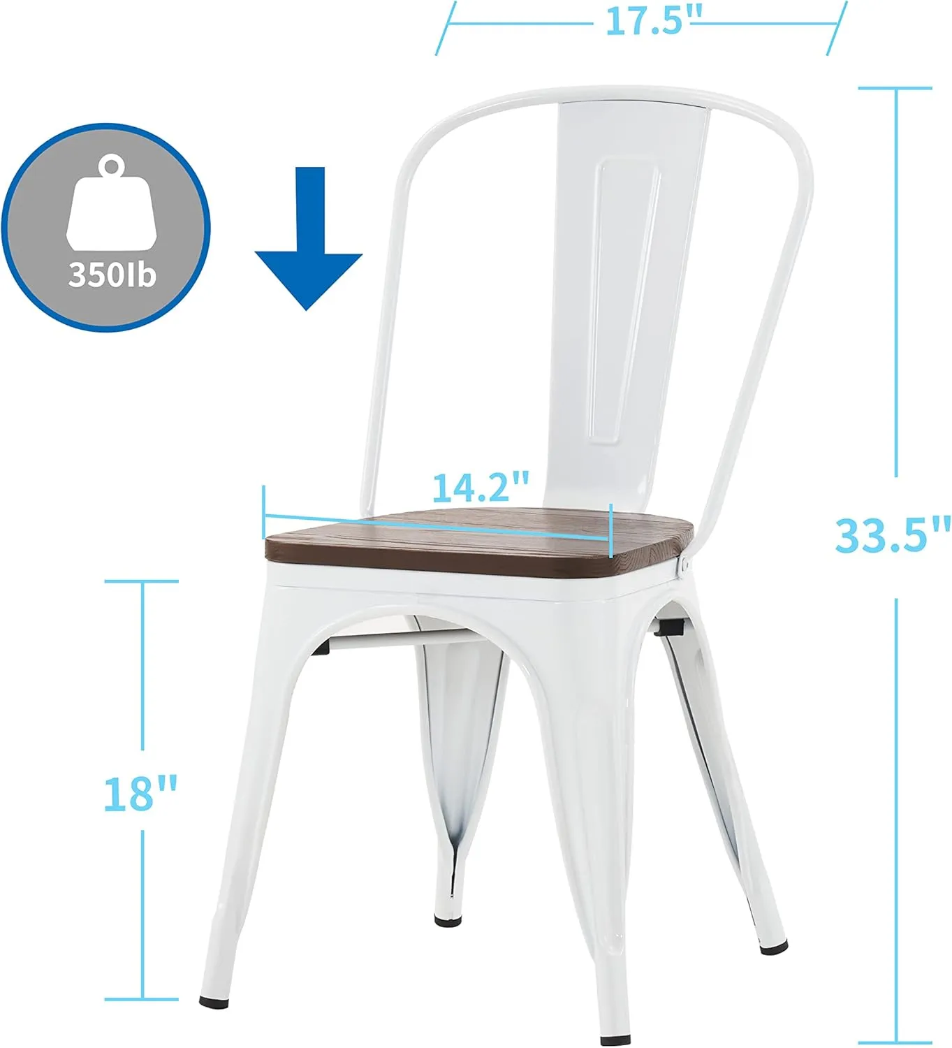 Nazhura Metal Dining Chair Farmhouse Tolix Style for Kitchen Dining Room Café Restaurant Bistro Patio, 18 Inch, Stackable, Waterproof Indoor/Outdoor (Sets of 4) (White with Wood Padding)