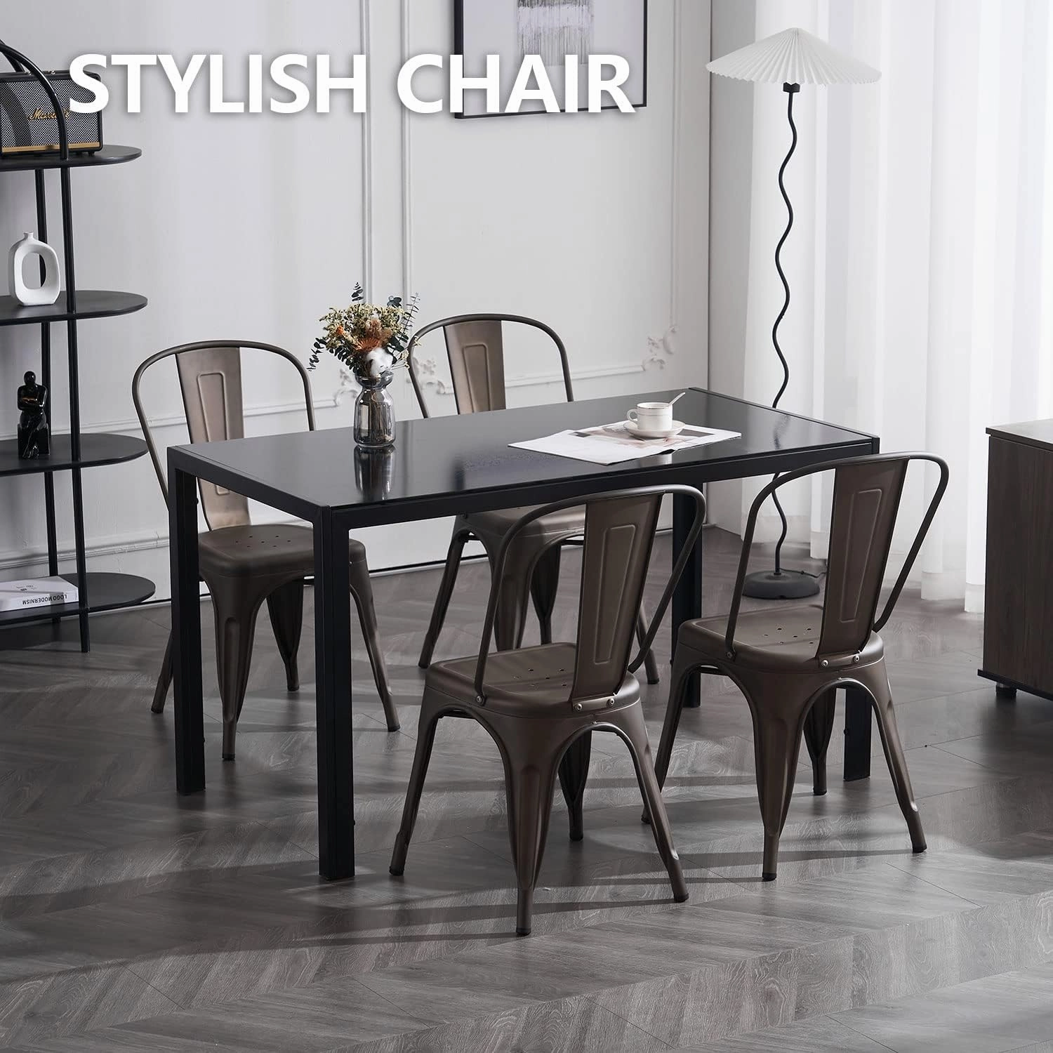 Nazhura Metal Dining Chair Farmhouse Tolix Style for Kitchen Dining Room Café Restaurant Bistro Patio, 18 Inch, Stackable, Waterproof Indoor/Outdoor (Sets of 4) (Steel Seat, Bronze)