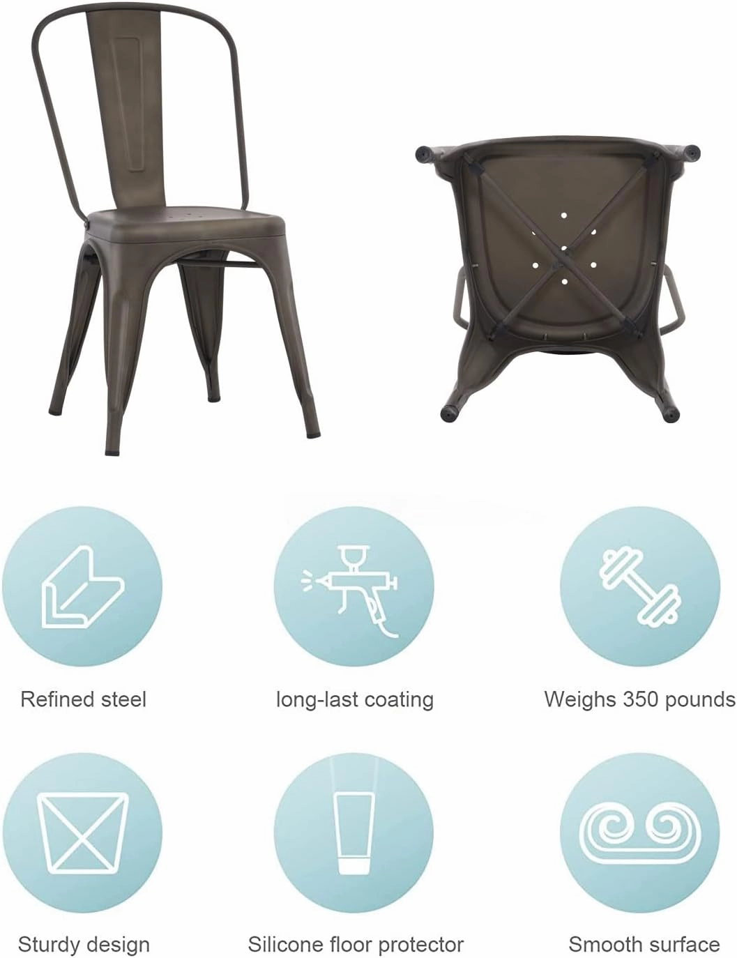 Nazhura Metal Dining Chair Farmhouse Tolix Style for Kitchen Dining Room Café Restaurant Bistro Patio, 18 Inch, Stackable, Waterproof Indoor/Outdoor (Sets of 4) (Steel Seat, Bronze)