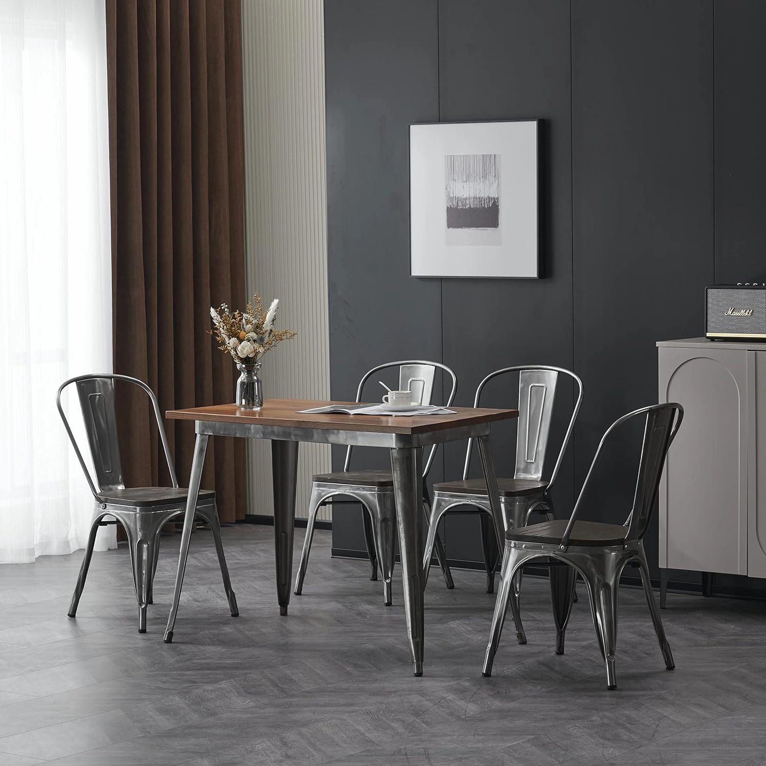 Nazhura Metal Dining Chair Farmhouse Tolix Style for Kitchen Dining Room Patio, 18 Inch, Stackable, Waterproof Indoor/Outdoor (Sets of 4) (Brushed Metal with Wood Padding)