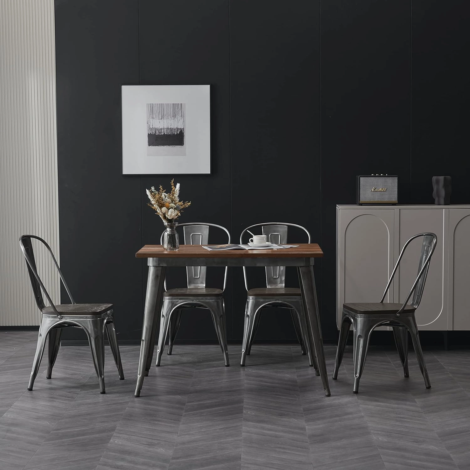Nazhura Metal Dining Chair Farmhouse Tolix Style for Kitchen Dining Room Patio, 18 Inch, Stackable, Waterproof Indoor/Outdoor (Sets of 4) (Brushed Metal with Wood Padding)