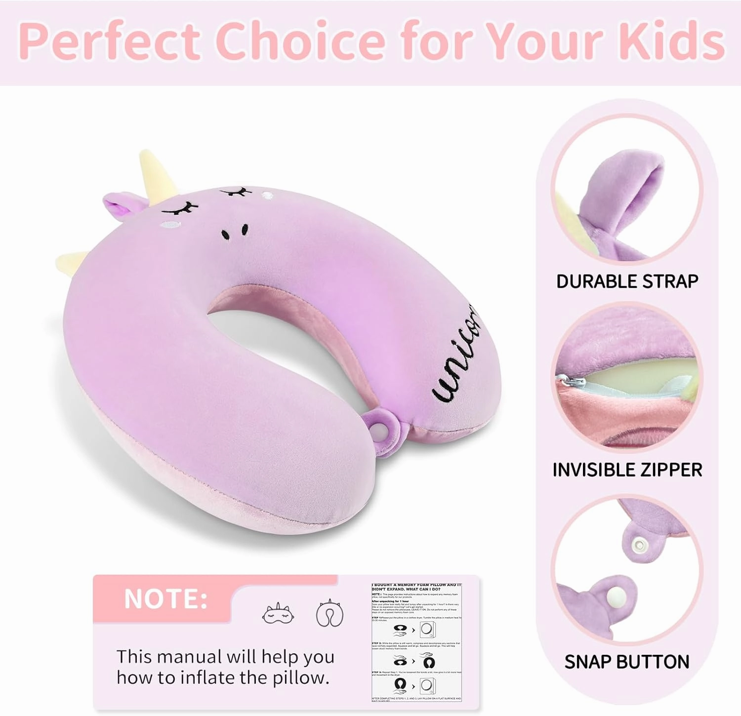 Neck Travel Pillow for Kids, Unicorn Airplane Memory Foam Pillow with Cute Sleep Mask & Earplugs, Lightweight Travelling Sleeping Pillow Set for Car, Train, Bus and Home Use (Purple)
