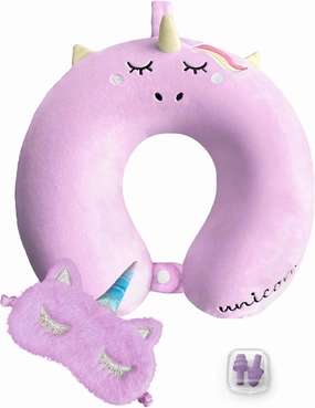 Neck Travel Pillow for Kids, Unicorn Airplane Memory Foam Pillow with Cute Sleep Mask & Earplugs, Lightweight Travelling Sleeping Pillow Set for Car, Train, Bus and Home Use (Purple)