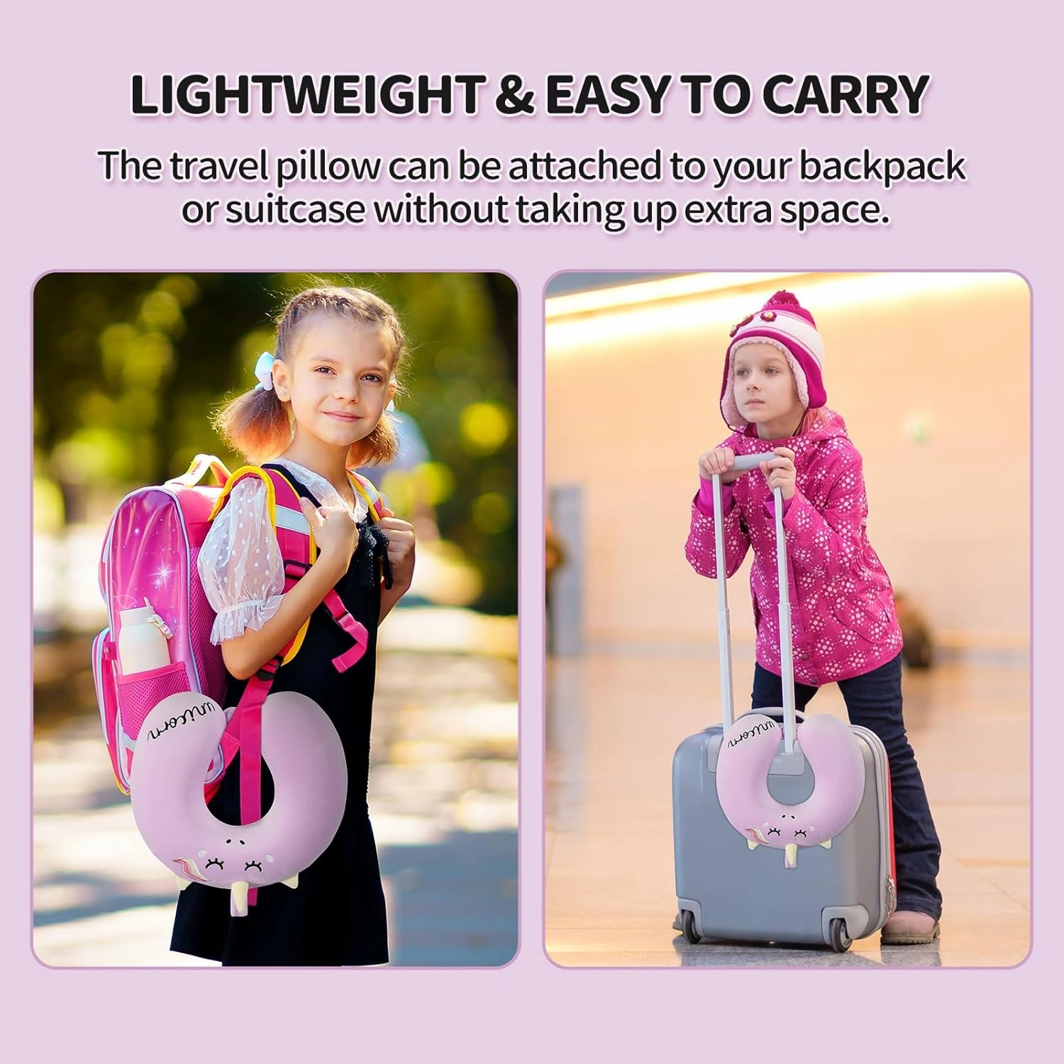 Neck Travel Pillow for Kids, Unicorn Airplane Memory Foam Pillow with Cute Sleep Mask & Earplugs, Lightweight Travelling Sleeping Pillow Set for Car, Train, Bus and Home Use (Purple)