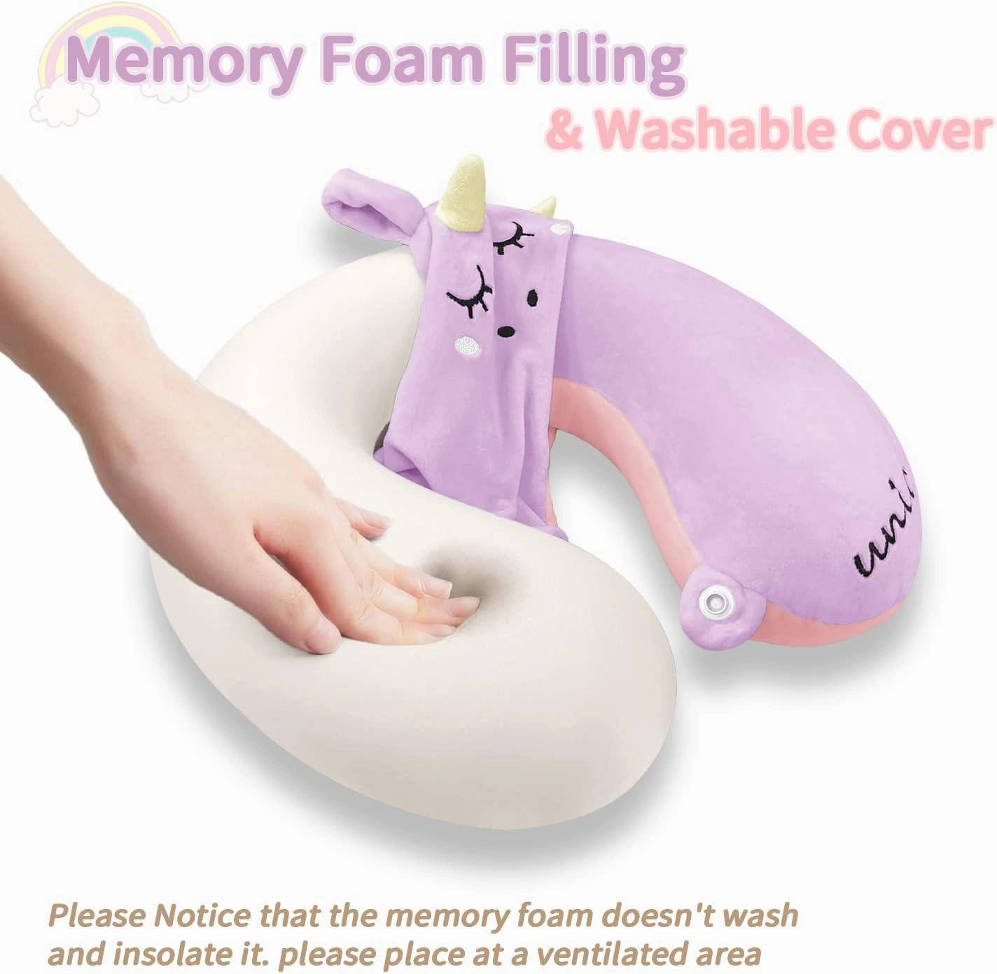 Neck Travel Pillow for Kids, Unicorn Airplane Memory Foam Pillow with Cute Sleep Mask & Earplugs, Lightweight Travelling Sleeping Pillow Set for Car, Train, Bus and Home Use (Purple)