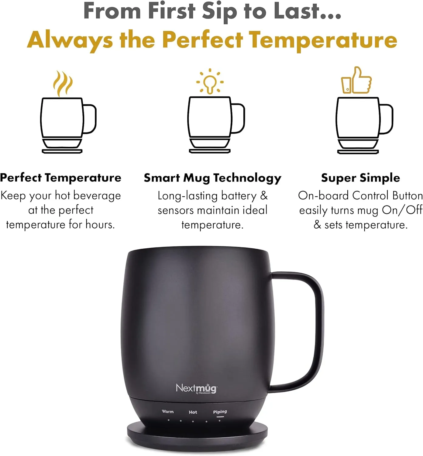 Nextmug - Temperature-Controlled, Self-Heating Coffee Mug (14 oz.) (Black)