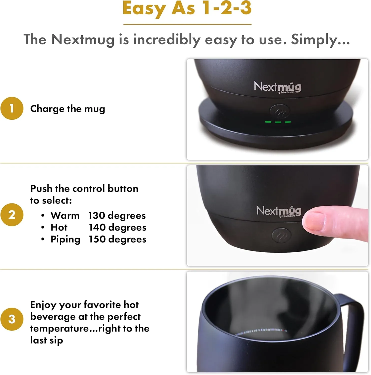 Nextmug - Temperature-Controlled, Self-Heating Coffee Mug (14 oz.) (Black)