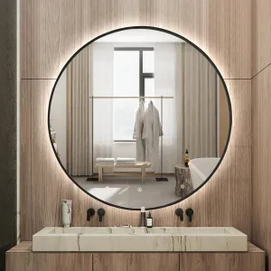 Niccy 48" LED Backlit Round Mirror for Bathroom, Black Framed Vanity Light Wall Mirror LED Smart Circle Mirrors with 3 Lighting Colors, Dimmable Lighted Mirror with Anti-Fog, IP65 Waterproof