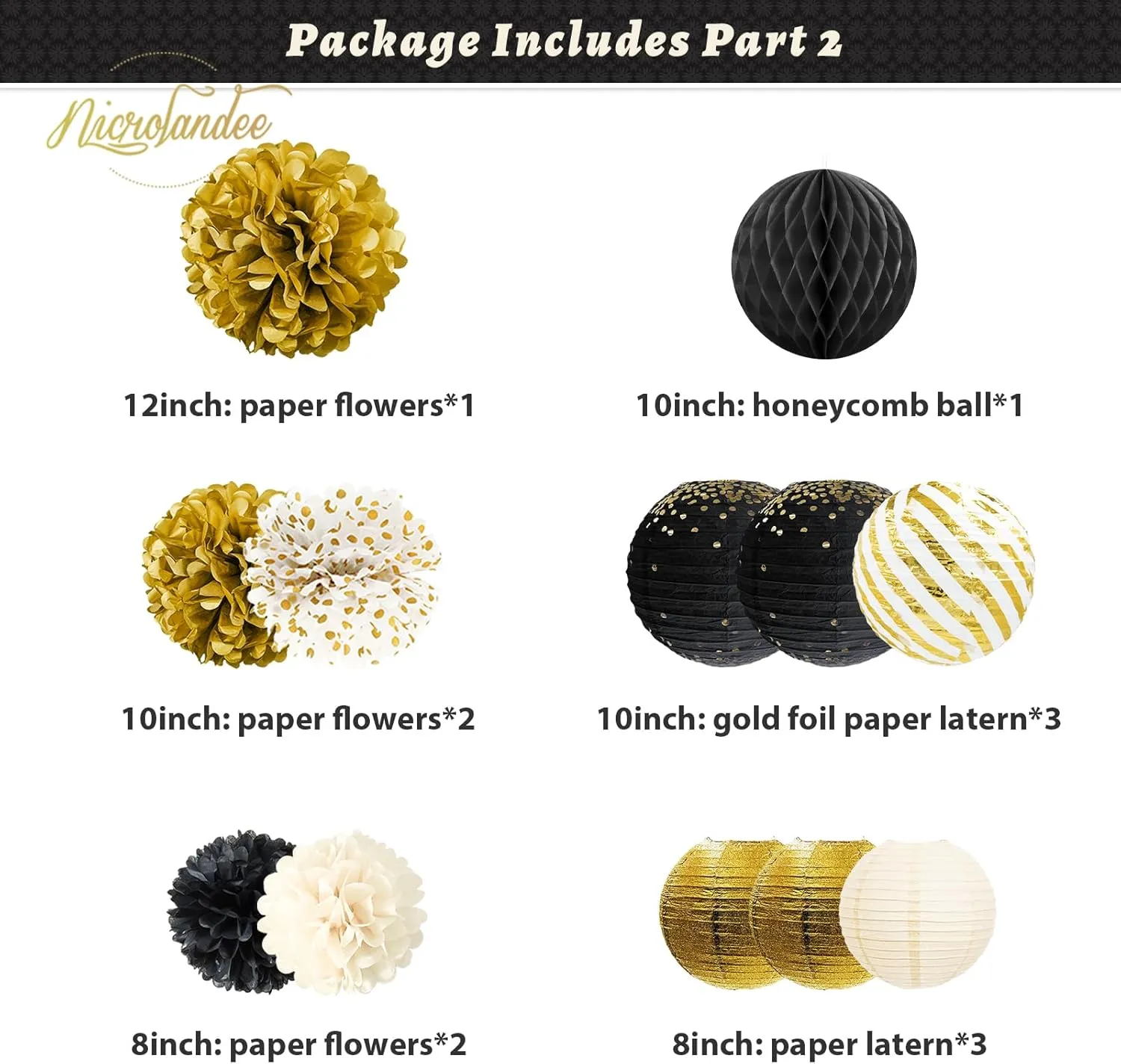 NICROLANDEE Black Gold Party Decorations, 22 PCS Gold Metallic Foil Fringe Backdrop Curtains Paper Lanterns Tissue Pom Poms Decor for Wedding, Birthday, Graduation, New Years Eve Party