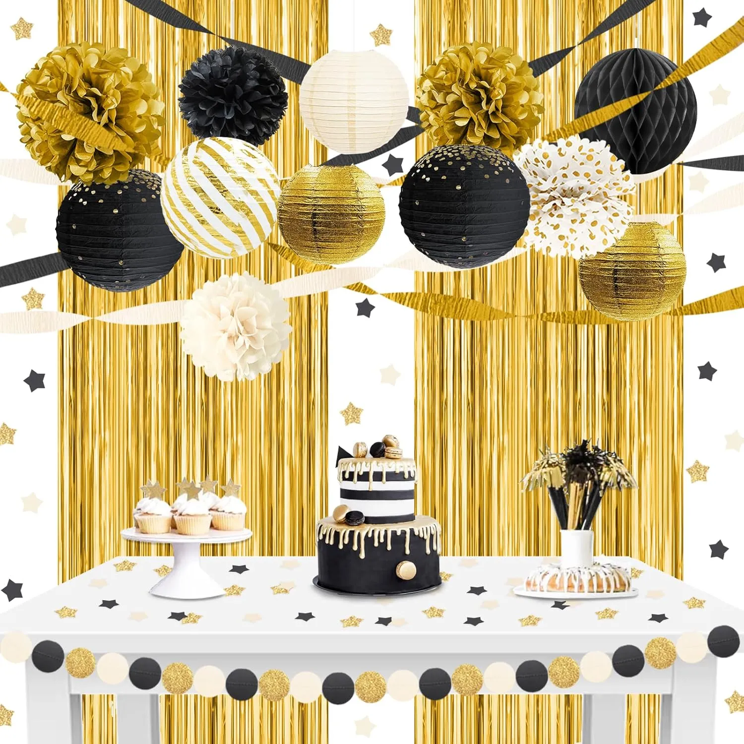 NICROLANDEE Black Gold Party Decorations, 22 PCS Gold Metallic Foil Fringe Backdrop Curtains Paper Lanterns Tissue Pom Poms Decor for Wedding, Birthday, Graduation, New Years Eve Party