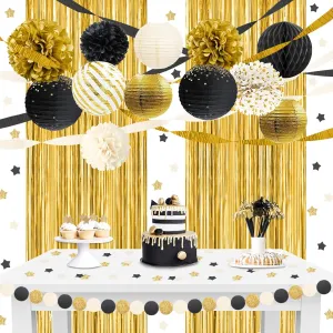 NICROLANDEE Black Gold Party Decorations, 22 PCS Gold Metallic Foil Fringe Backdrop Curtains Paper Lanterns Tissue Pom Poms Decor for Wedding, Birthday, Graduation, New Years Eve Party