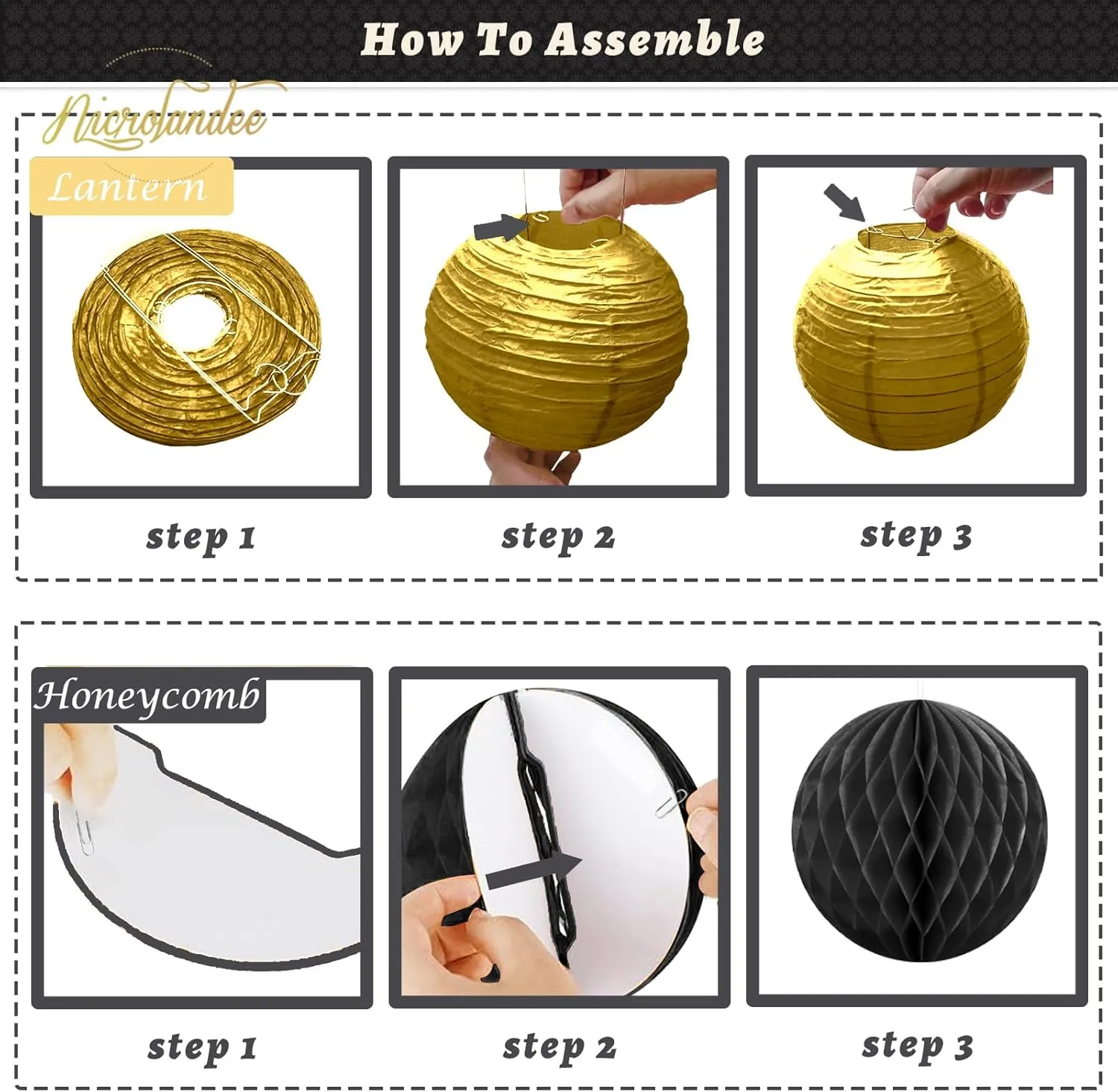 NICROLANDEE Black Gold Party Decorations, 22 PCS Gold Metallic Foil Fringe Backdrop Curtains Paper Lanterns Tissue Pom Poms Decor for Wedding, Birthday, Graduation, New Years Eve Party