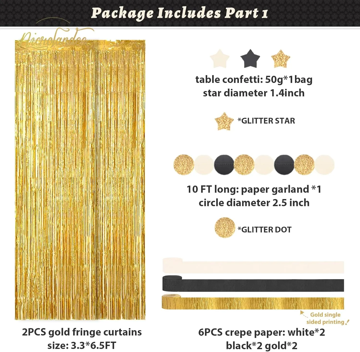 NICROLANDEE Black Gold Party Decorations, 22 PCS Gold Metallic Foil Fringe Backdrop Curtains Paper Lanterns Tissue Pom Poms Decor for Wedding, Birthday, Graduation, New Years Eve Party
