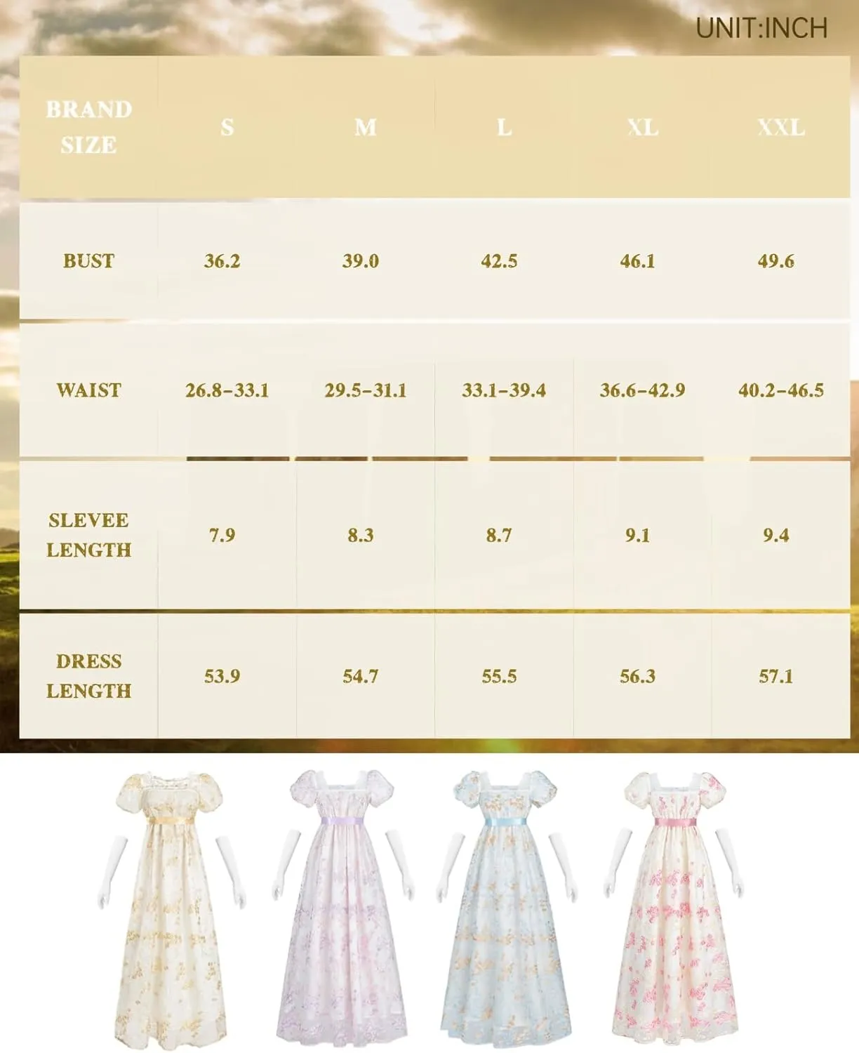 NSPSTT Golden Regency Dresses for Women 1800s Vintage Dress Victorian Ball Gown with Gloves