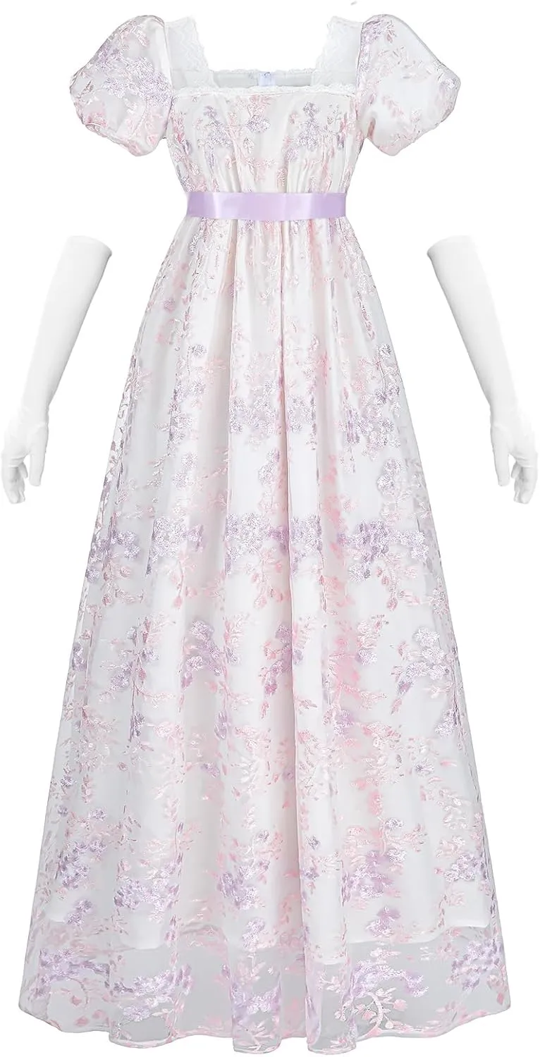NSPSTT Golden Regency Dresses for Women 1800s Vintage Dress Victorian Ball Gown with Gloves
