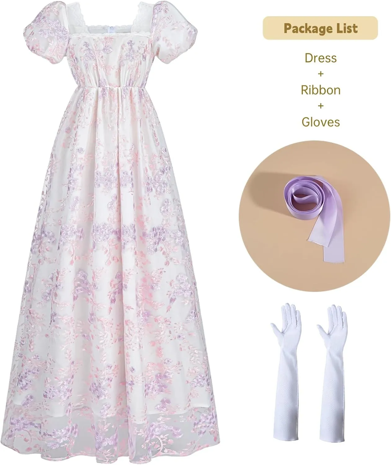 NSPSTT Golden Regency Dresses for Women 1800s Vintage Dress Victorian Ball Gown with Gloves