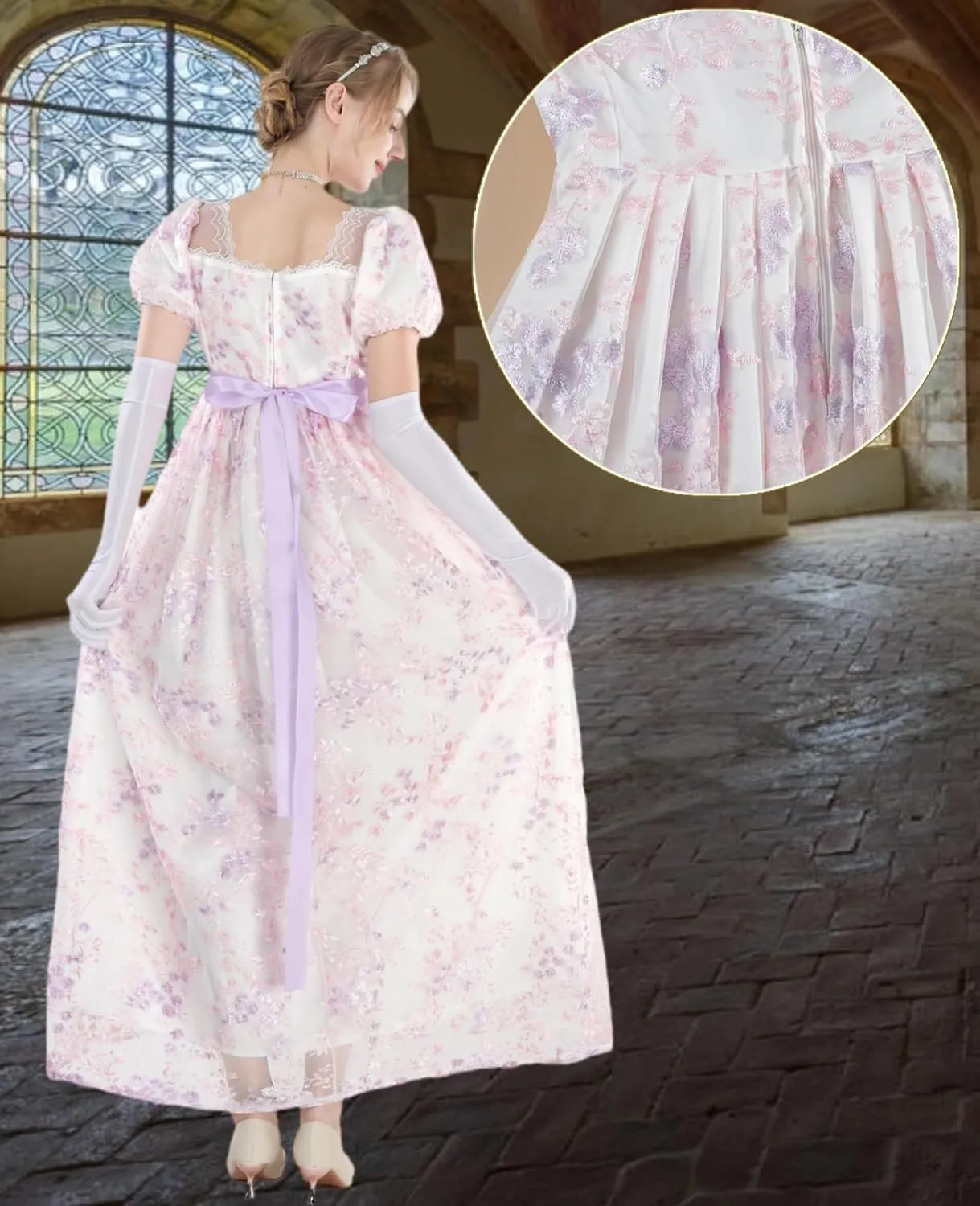 NSPSTT Golden Regency Dresses for Women 1800s Vintage Dress Victorian Ball Gown with Gloves