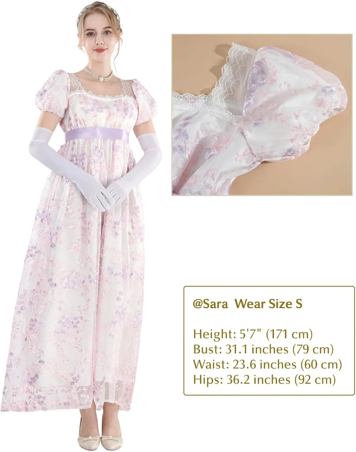 NSPSTT Golden Regency Dresses for Women 1800s Vintage Dress Victorian Ball Gown with Gloves
