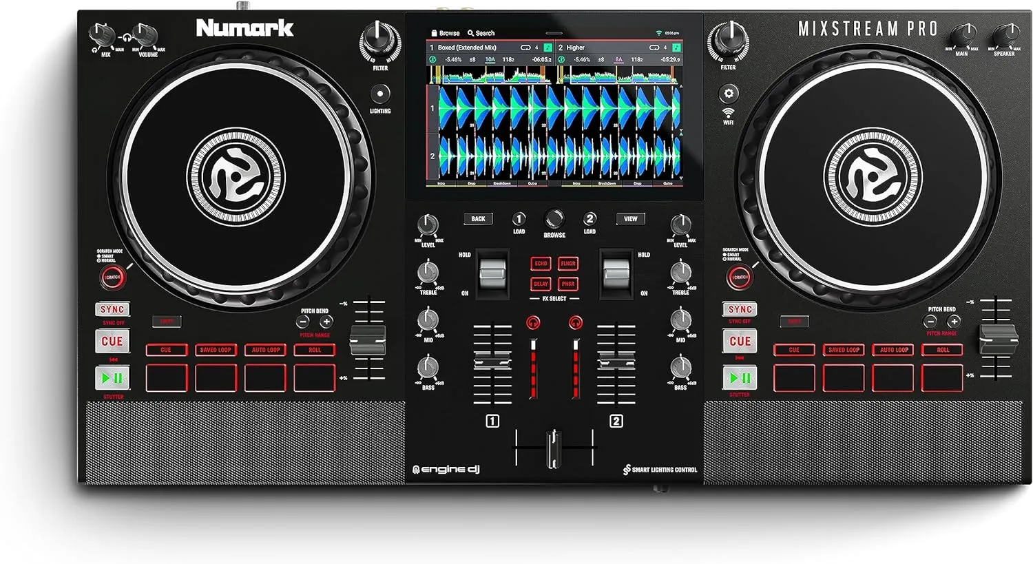 Numark Mixstream Pro Standalone System with Speakers, 7” Touch Screen, WiFi Streaming, 2 Channels & FX