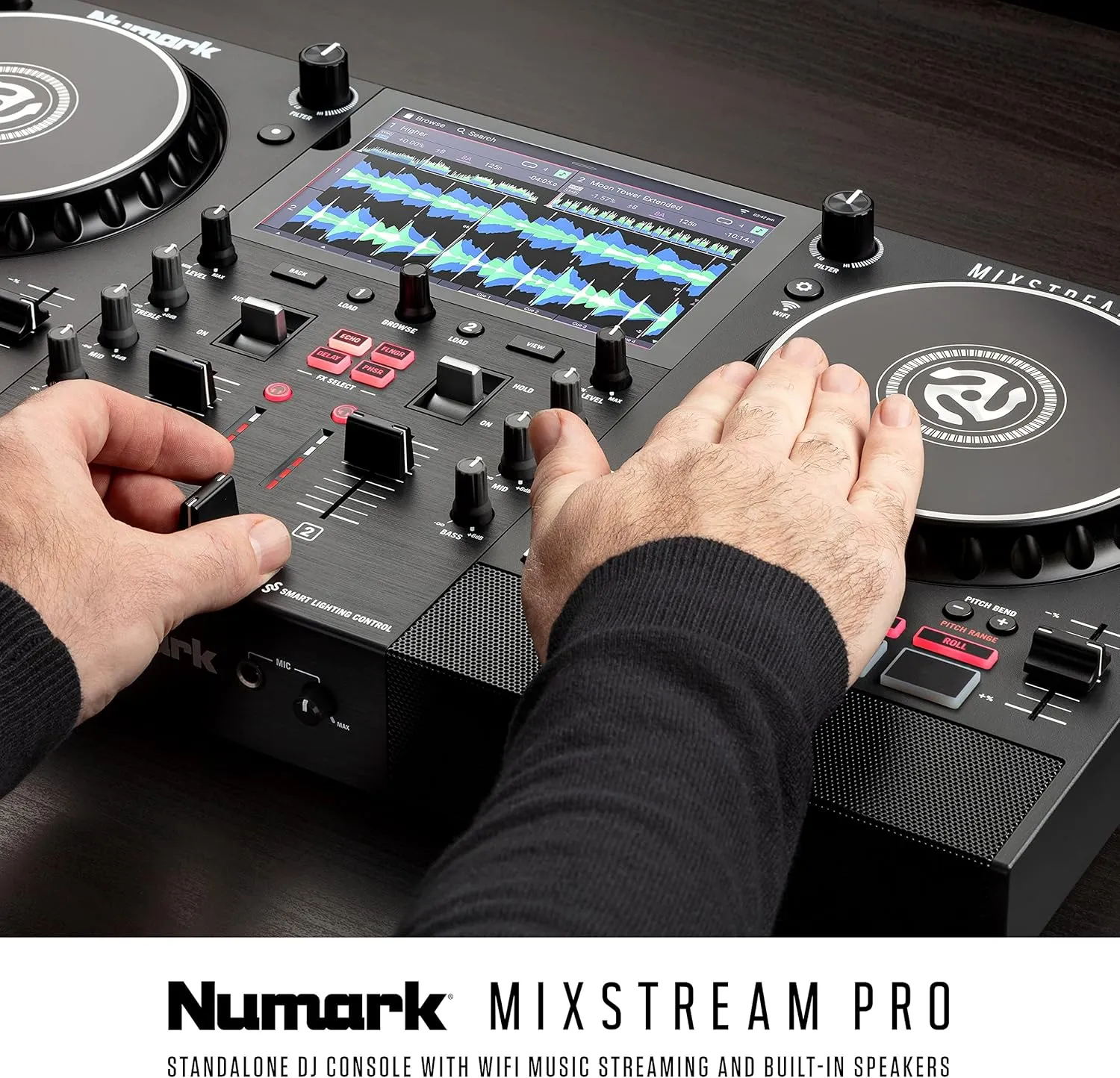 Numark Mixstream Pro Standalone System with Speakers, 7” Touch Screen, WiFi Streaming, 2 Channels & FX