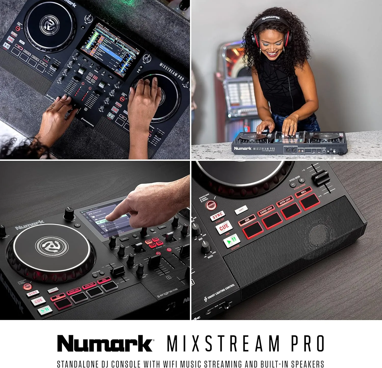 Numark Mixstream Pro Standalone System with Speakers, 7” Touch Screen, WiFi Streaming, 2 Channels & FX