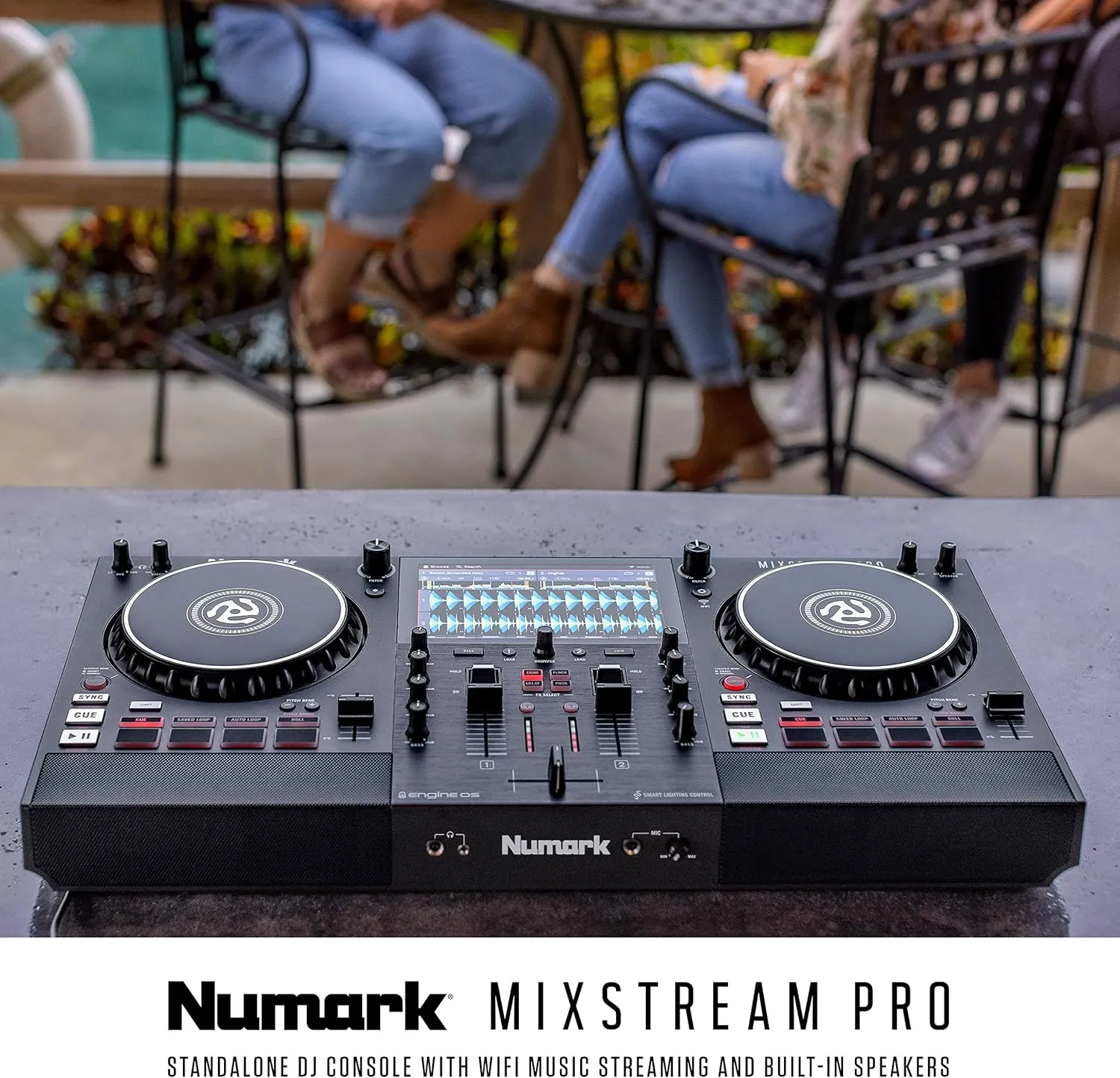 Numark Mixstream Pro Standalone System with Speakers, 7” Touch Screen, WiFi Streaming, 2 Channels & FX