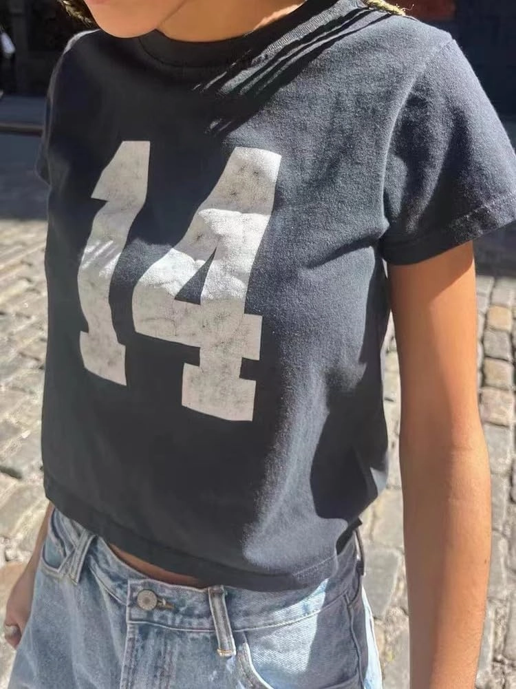 Number 14 Fitted Tee Jersey Summer Crop Top Short Sleeve Y2k Shirt Graphic Baby Tee Women