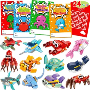 Ocean Animal Building Blocks Valentines Cards for Kids Classroom School Valentine's Exchange Gifts Boys Girls Party Favors Class Exchange Cards