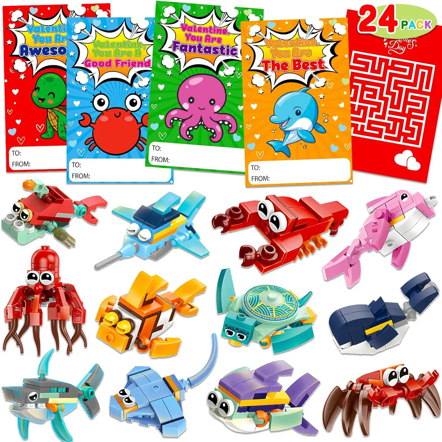 Ocean Animal Building Blocks Valentines Cards for Kids Classroom School Valentine's Exchange Gifts Boys Girls Party Favors Class Exchange Cards