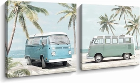 Ocean Beach Theme Wall Art Decor Coastal Tropical Palm Trees Cute Vintage Van Canvas Prints Poster for Living Room Bedroom Bathroom Decoration (Blue set, 12" x 12" x 2)