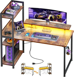 ODK Reversible Gaming Desk with USB Charging Port and LED Lights, 40 Inch Computer Desk with Storage Shelves & Monitor Stand, Writing Study Table for Home Office, Small Space Bedroom, Rustic Brown