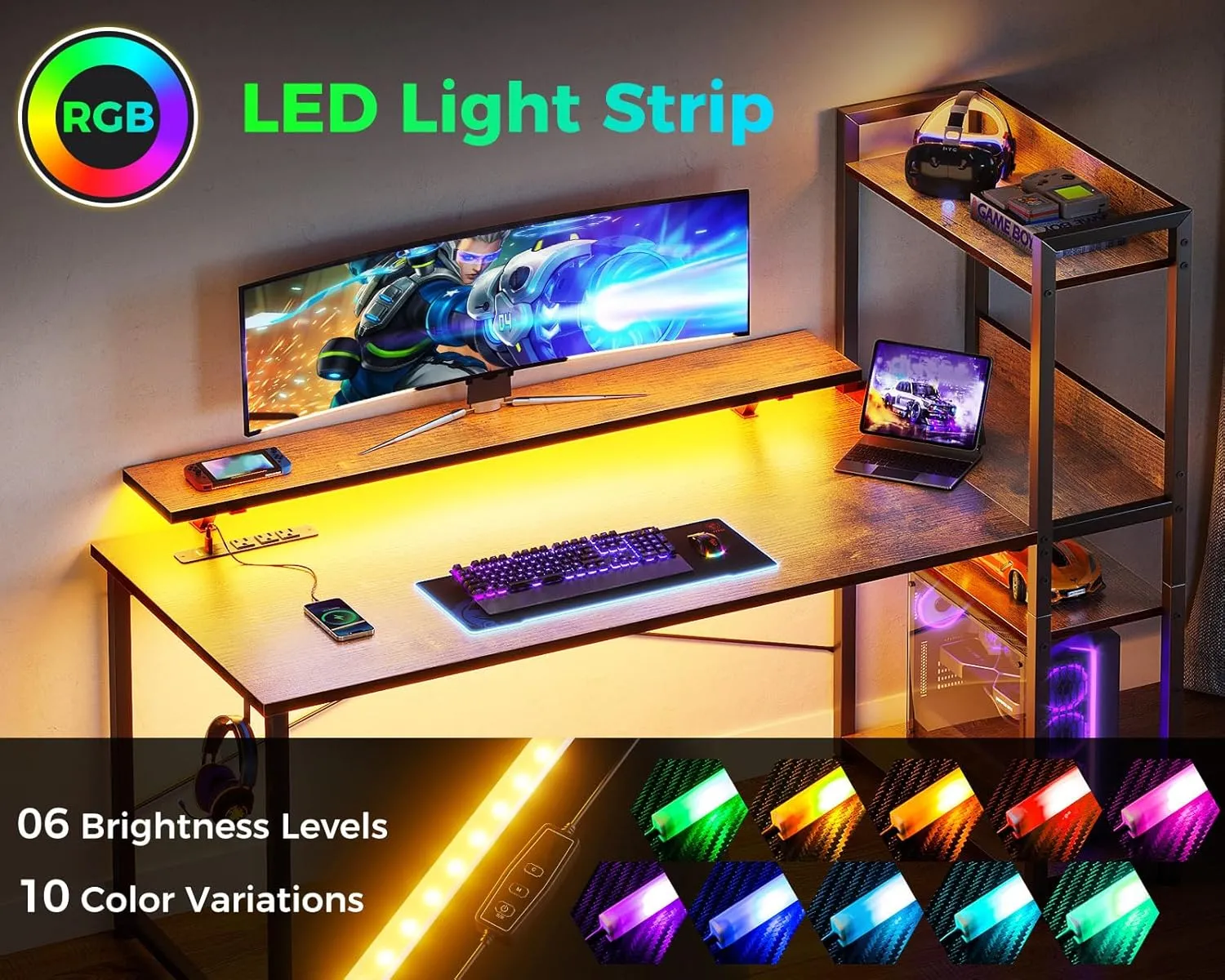 ODK Reversible Gaming Desk with USB Charging Port and LED Lights, 40 Inch Computer Desk with Storage Shelves & Monitor Stand, Writing Study Table for Home Office, Small Space Bedroom, Rustic Brown