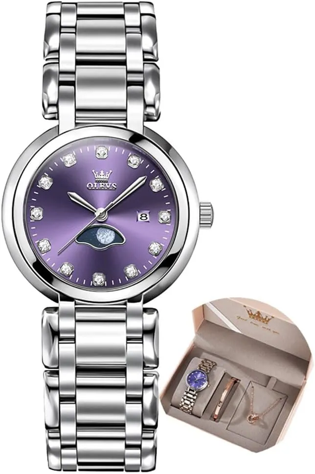 OLEVS Women Watch Set Silver Fashions Classic Dial Stainless Steel Waterproof Lady Watch Gift Birthday Present